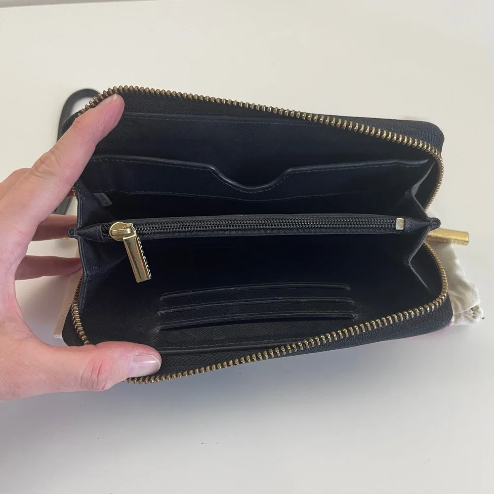 Tory Burch Robinson‎ Continental Wallet Wristlet Black Saffiano Leather Zip Long
